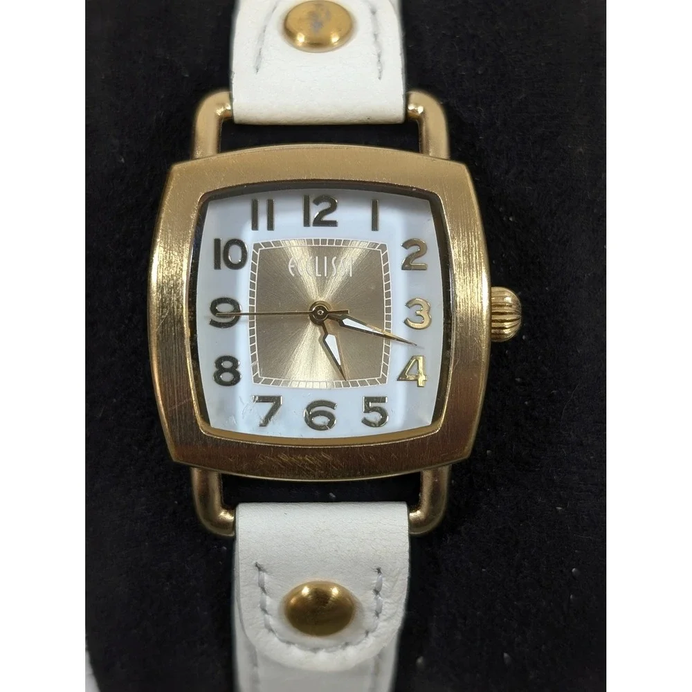 Ecclissi Womens White Leather Watch Gold Tone Square Minimalist‎ 7